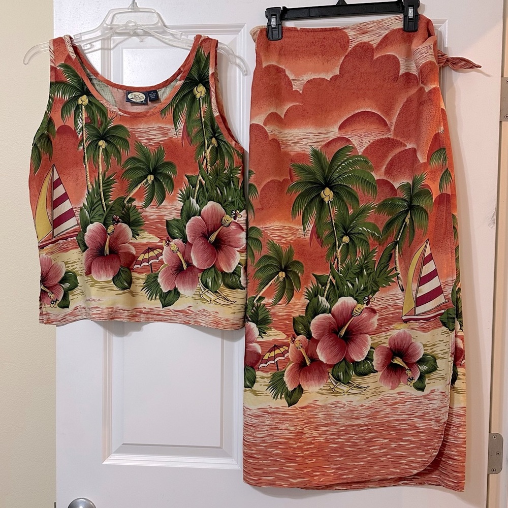 Vintage Tommy Bahama Silk Tank Top w/ Wrap Adjustable Sarong Skirt Set, Med